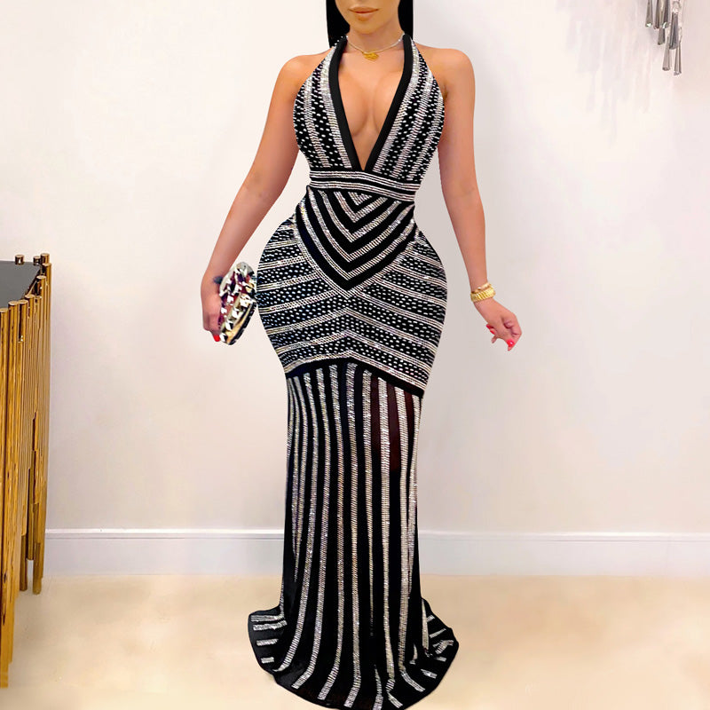 Sequins Rhinestone Patchwork V-Neck Backless Sleeveless Maxi Dress