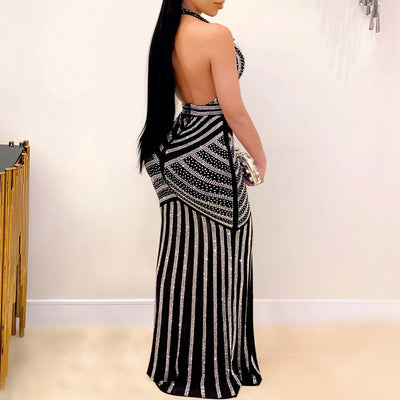 Sequins Rhinestone Patchwork V-Neck Backless Sleeveless Maxi Dress