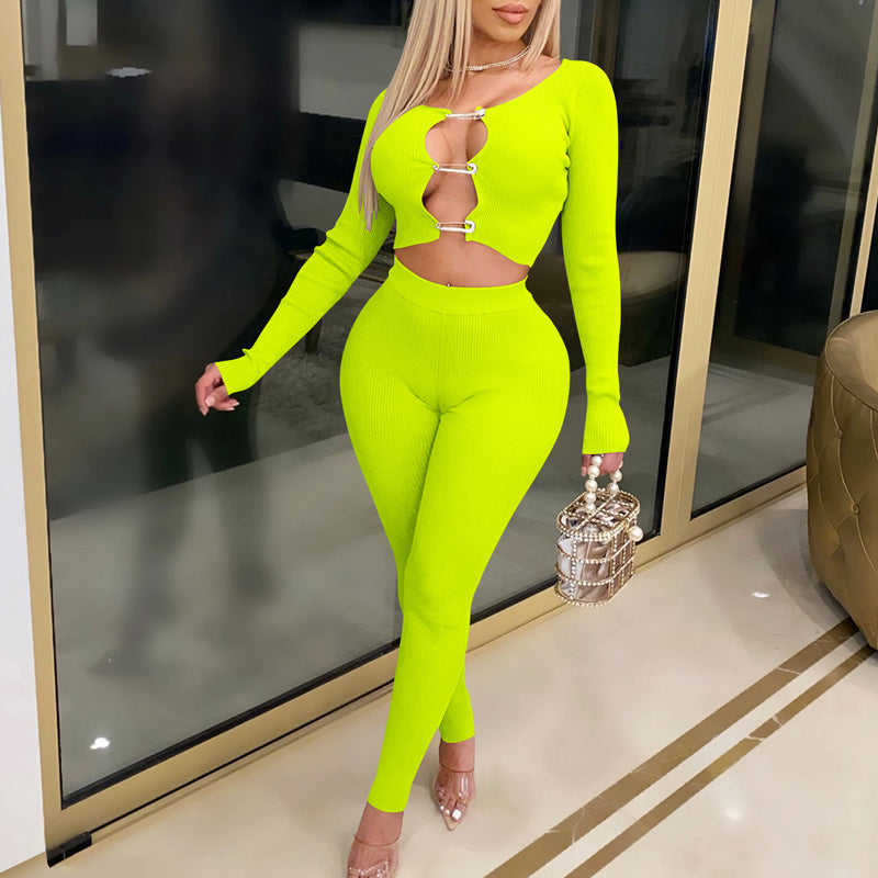 Solid Ribbed Brooch Long Sleeve Top & Pants Set