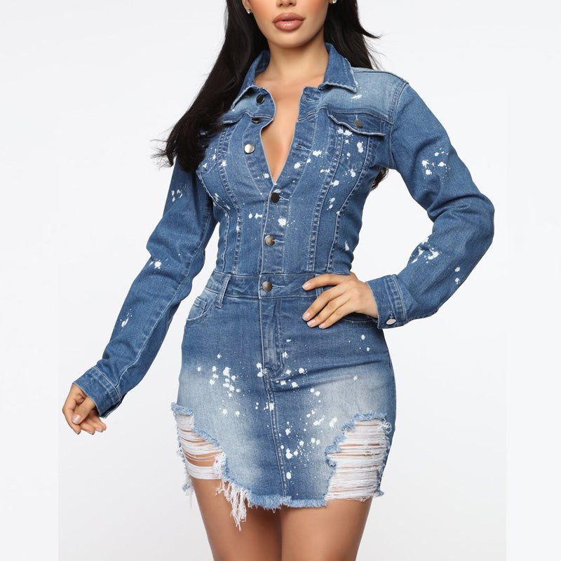 Denim Button Pocket Design Cut Out Long Sleeve Dress