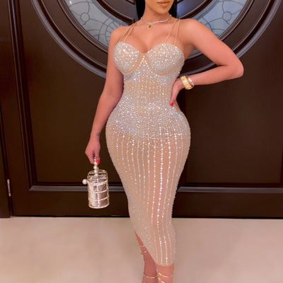Sequins Rhinestone Sheer Mesh Sling Party Evening Dress