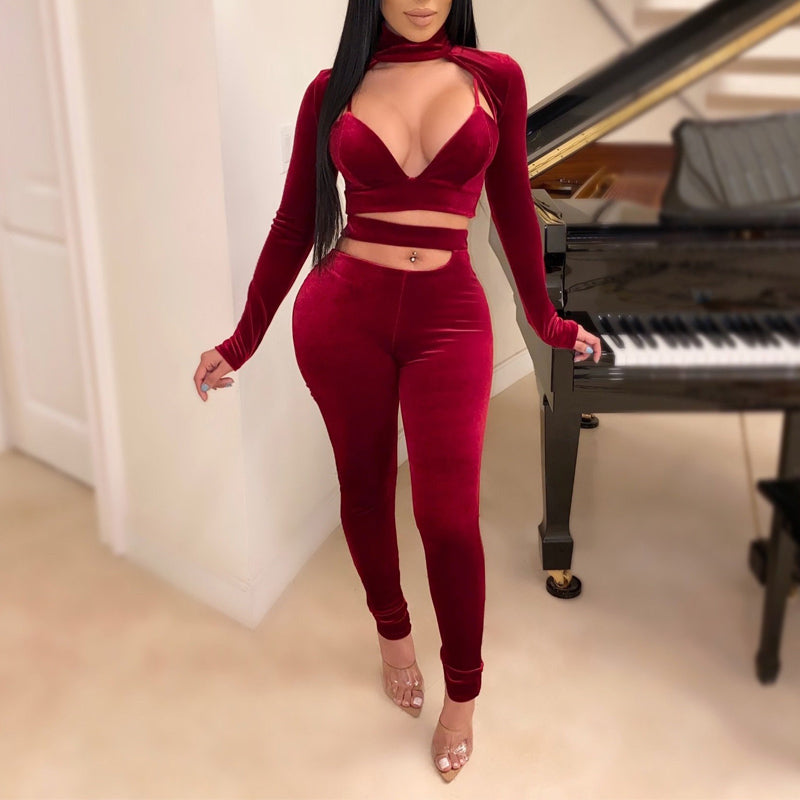 Solid Velvet Long Sleeve Bandage Two Piece Set