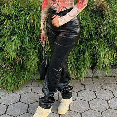 PU Drawstring High Waist Straight Pants
