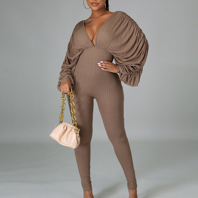 Solid Bat Sleeve Backless Drawstring Jumpsuit