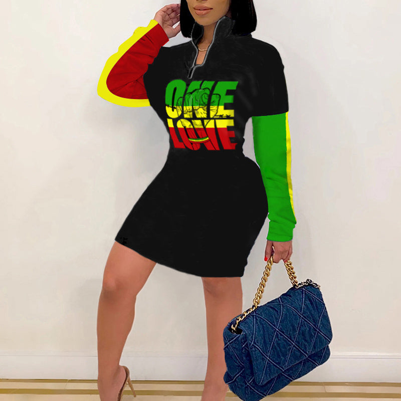 Tie Dye Letter Print Long Sleeve Midi Dress