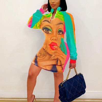 Tie Dye Letter Print Long Sleeve Midi Dress