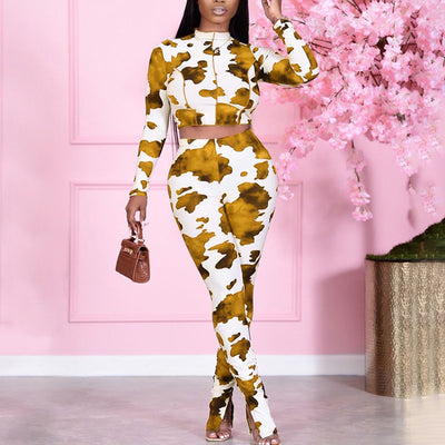 Print Long Sleeve Tops & High Waist Pants Set