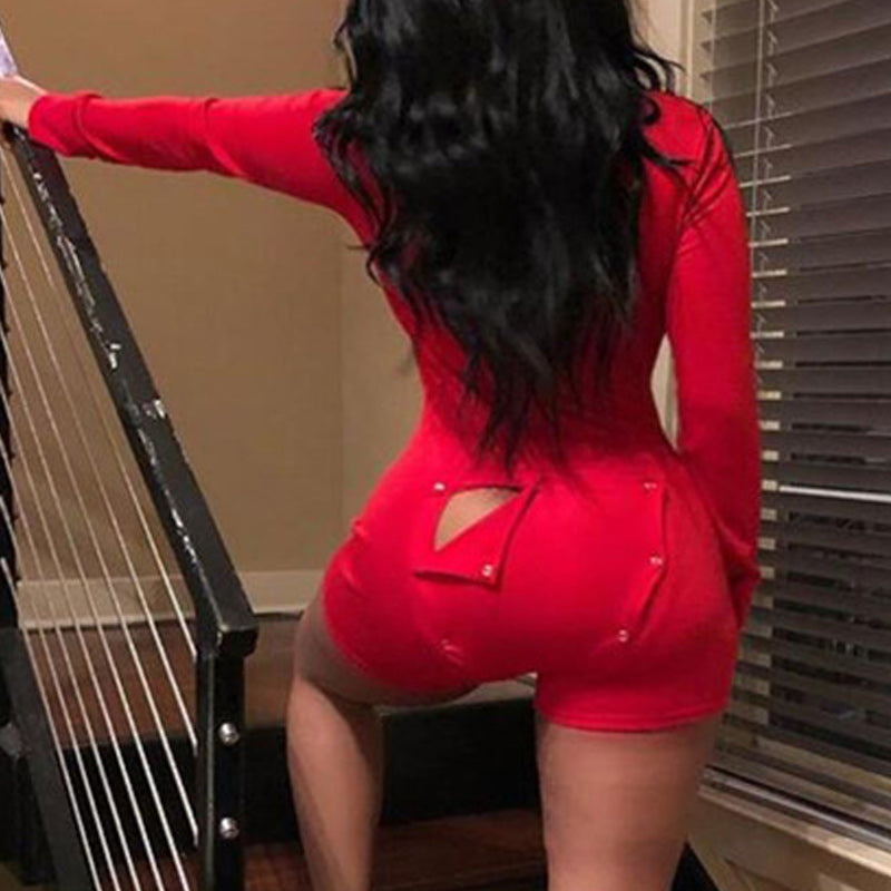 Solid Buttoned Flap Design Long Sleeve Jumpsuit Pajama
