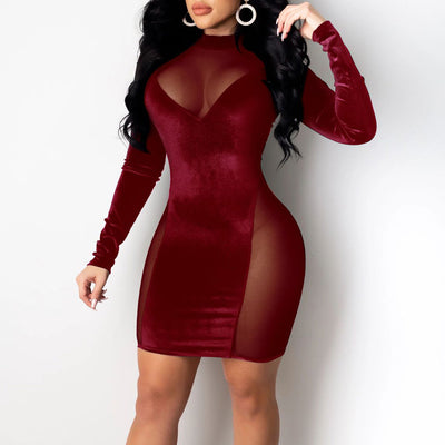 V-Neck Velvet Sheer Mesh Patchwork Long Sleeve Dress