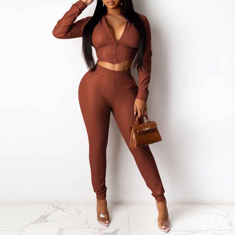 Solid PU Leather Hoodie Top & Pants Set