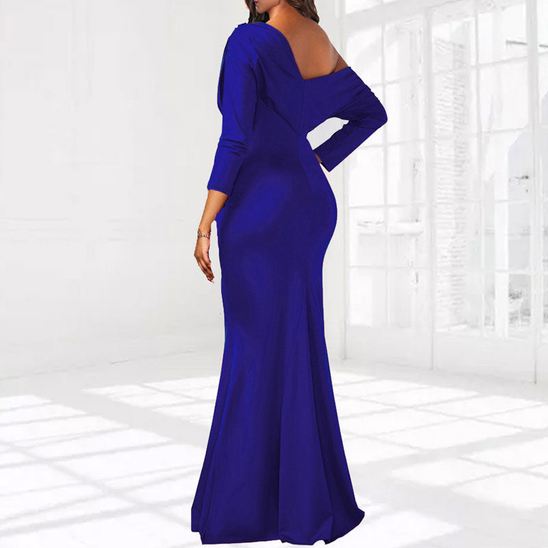 Solid One Shoulder Long Sleeve Maxi Dress