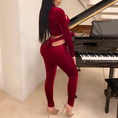 Solid Velvet Long Sleeve Bandage Two Piece Set