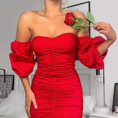Solid Off Shoulder Long Sleeve Ruched Bodycon Dress