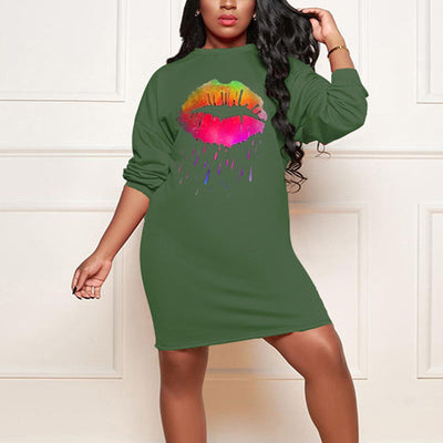 Lips Print Long Sleeve Casual Dress