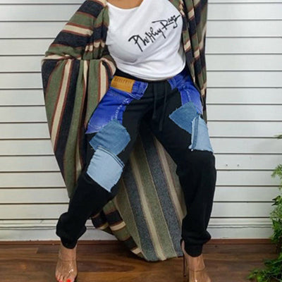 Colorblock Pocket Design High Waist Casual Pants