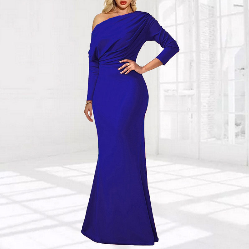 Solid One Shoulder Long Sleeve Maxi Dress