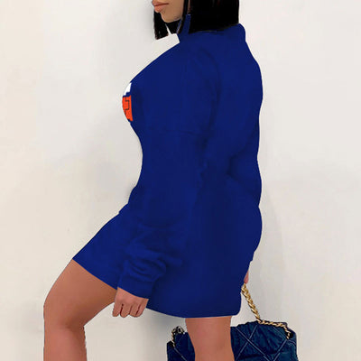 Letter Print Long Sleeve Zipper Design Bodycon Dress