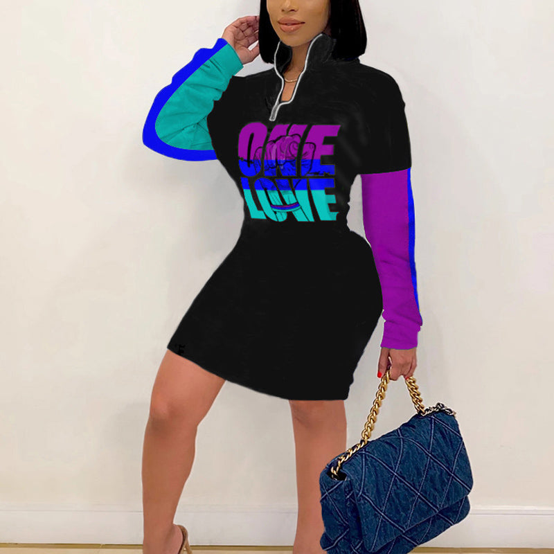 Tie Dye Letter Print Long Sleeve Midi Dress
