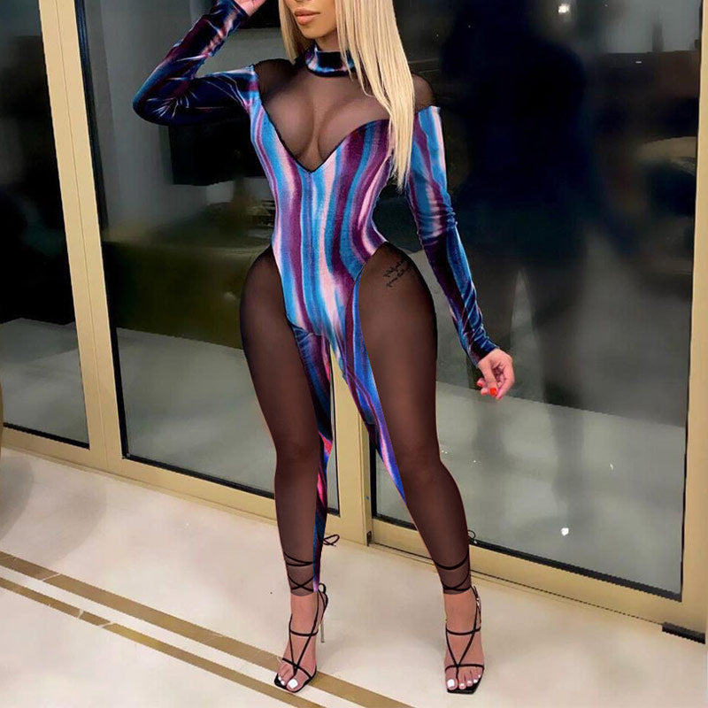 Velvet Print Sheer Mesh Patchwork Long Sleeve Jumpsuit