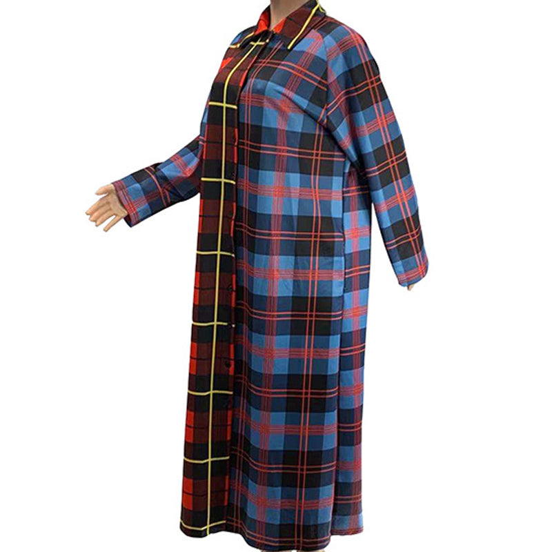 Plaid Colorblock Lapel Long Sleeve Windbreaker Long Coat