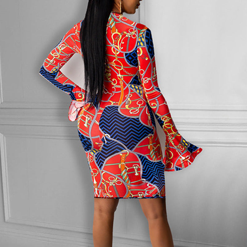 Tie Dye Print Ruffles Long Sleeve Dress