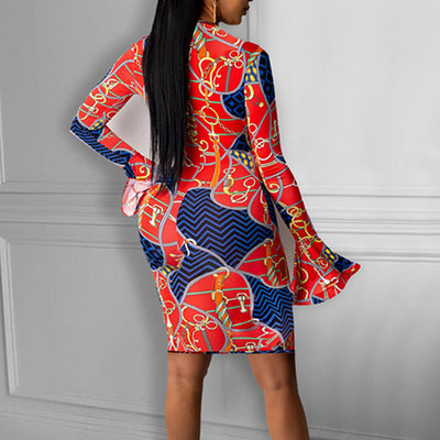 Tie Dye Print Ruffles Long Sleeve Dress