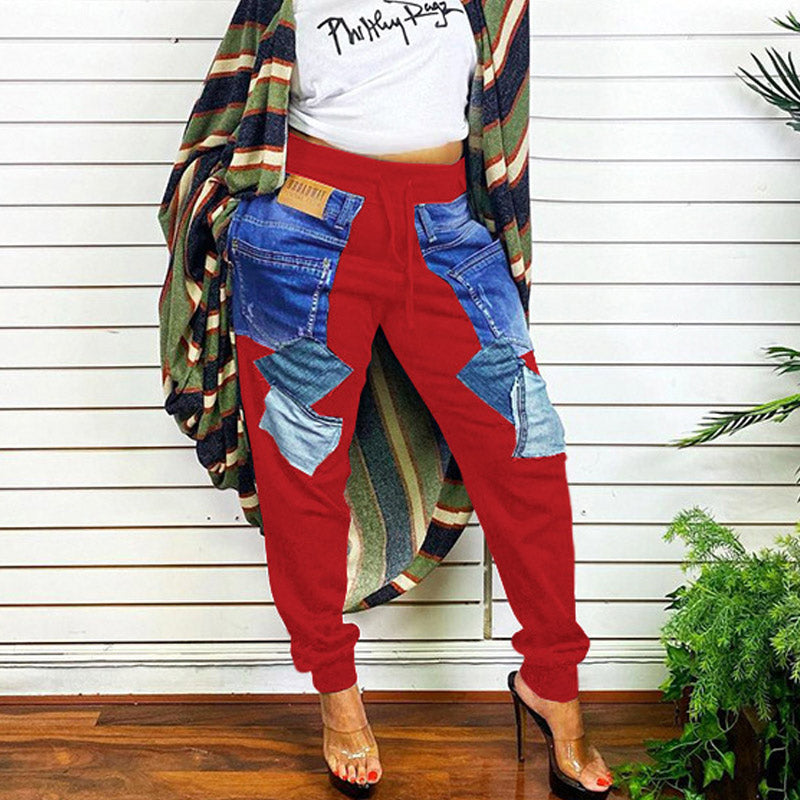 Colorblock Pocket Design High Waist Casual Pants
