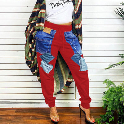 Colorblock Pocket Design High Waist Casual Pants