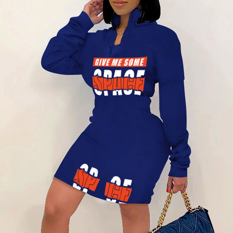 Letter Print Long Sleeve Zipper Design Bodycon Dress