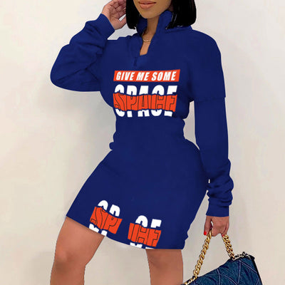 Letter Print Long Sleeve Zipper Design Bodycon Dress