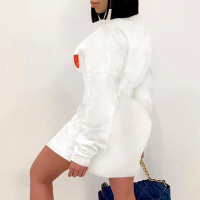 Letter Print Long Sleeve Zipper Design Bodycon Dress