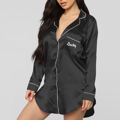 Embroidery Button Design Long Sleeve Pyjama Dress