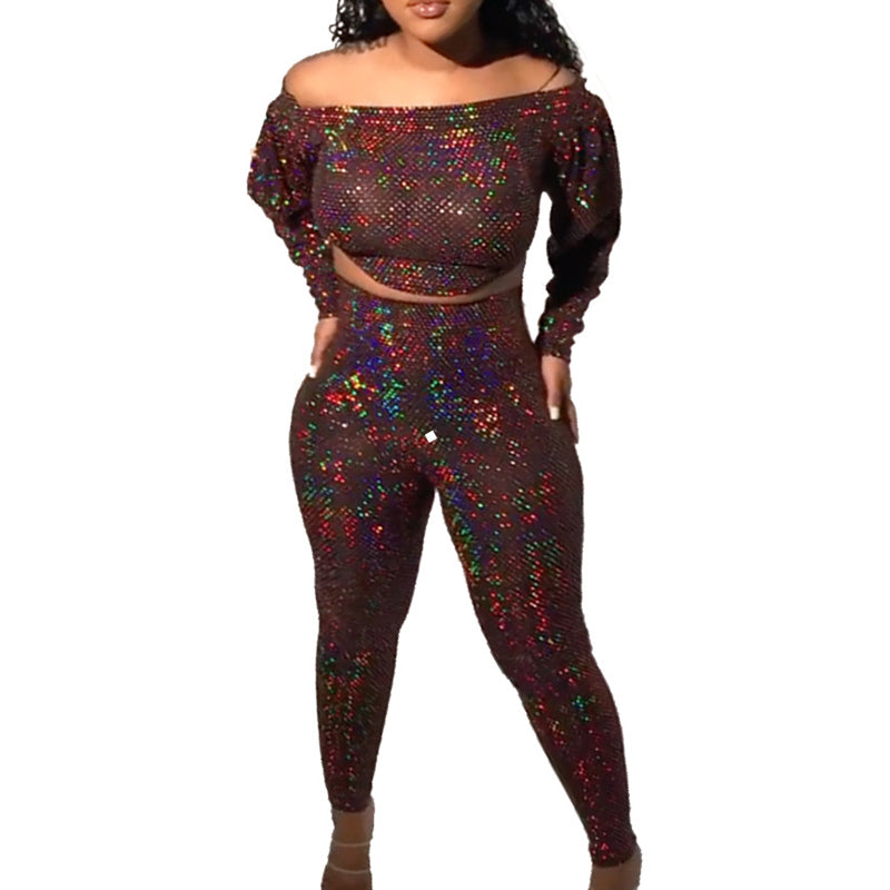 Glitter Colorful Off Shoulder Long Sleeve Top & High Waist Pants Set