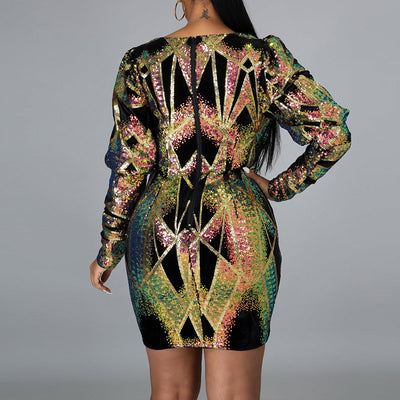 Sequins Colorful V-Neck Long Puff Sleeve Dress