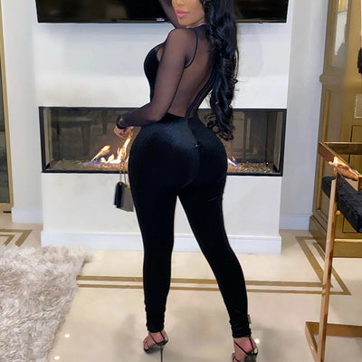 Fashion Velvet Sheer Mesh Patchwork Long Sleeve Jumpsuit