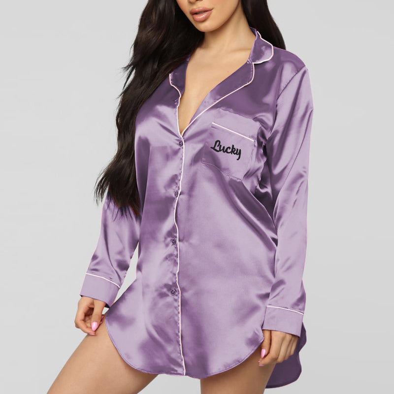 Embroidery Button Design Long Sleeve Pyjama Dress