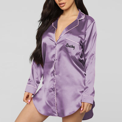 Embroidery Button Design Long Sleeve Pyjama Dress