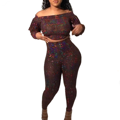 Glitter Colorful Off Shoulder Long Sleeve Top & High Waist Pants Set