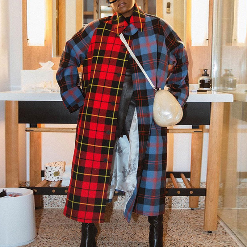 Plaid Colorblock Lapel Long Sleeve Windbreaker Long Coat