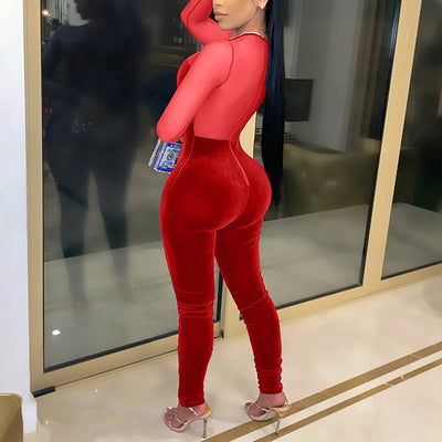 Fashion Velvet Sheer Mesh Patchwork Long Sleeve Jumpsuit