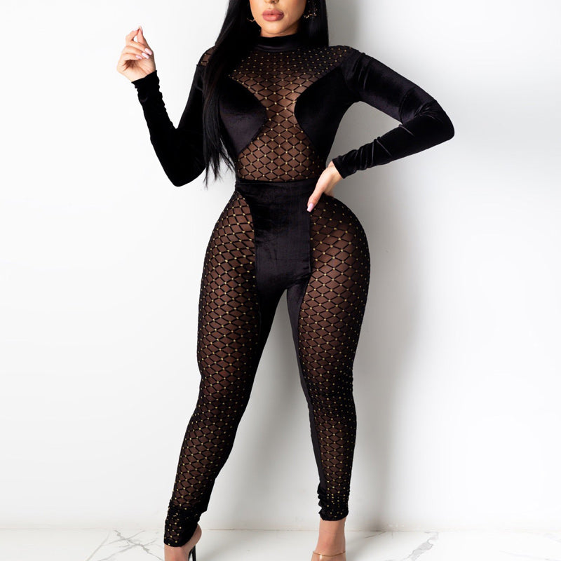 Plaid Sheer Mesh Patchwork Long Sleeve Jumpsuit