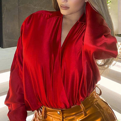 Solid V-Neck Long Sleeve Shirt