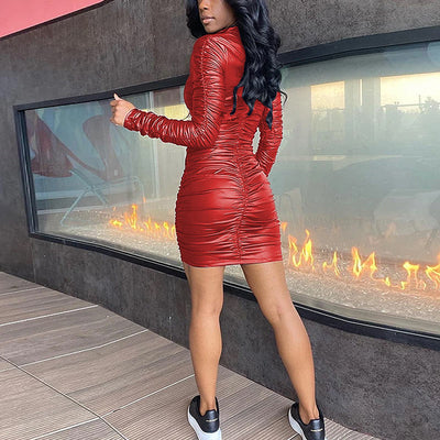 PU Pleats V-Neck Long Sleeve Dress