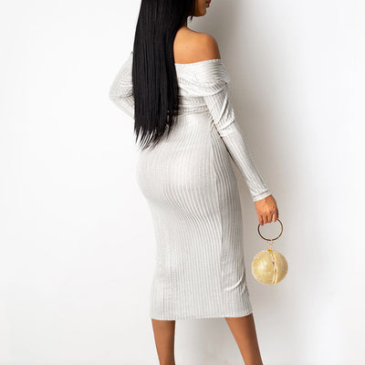 V-Neck Ribbed Cold Shoulder Long Sleeve High Split Dress