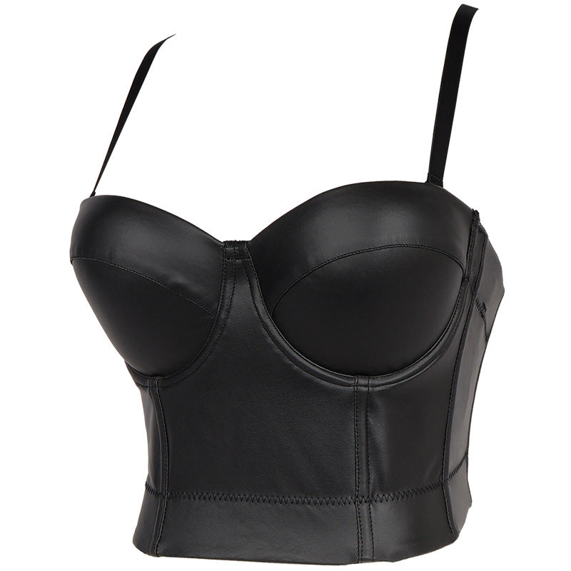 Solid PU Leather Spaghetti Strap Tube Top