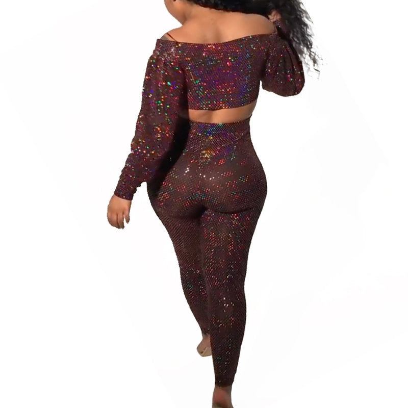 Glitter Colorful Off Shoulder Long Sleeve Top & High Waist Pants Set
