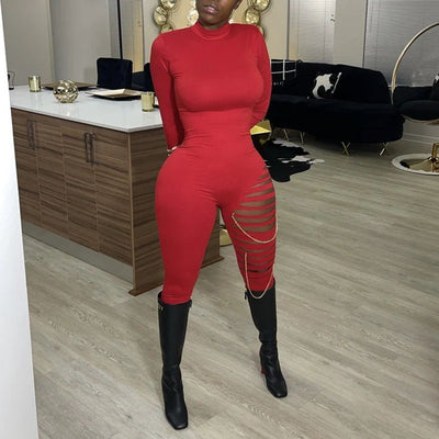 Solid Cut Out Chains Decoration Long Sleeve Jumpsuit