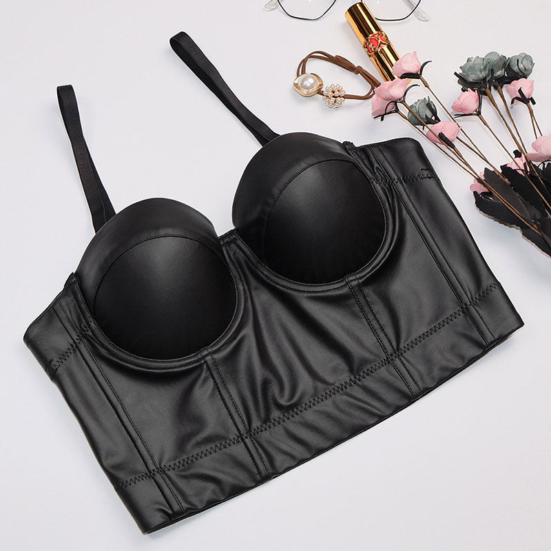 Solid PU Leather Spaghetti Strap Tube Top