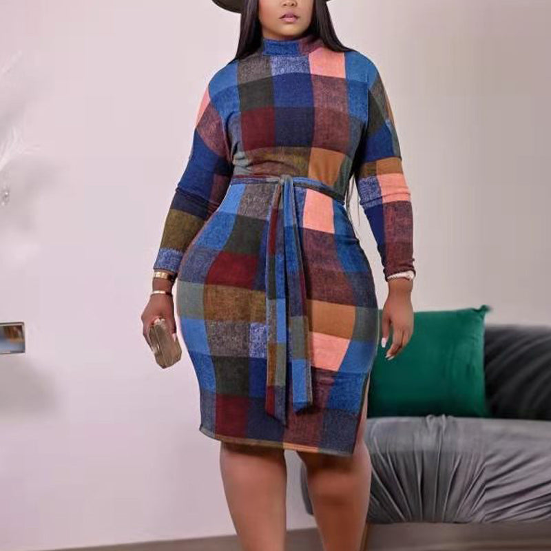 Colorblock Print Long Sleeve High Split Dress With Belt