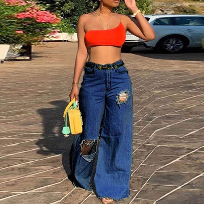 High Waist Ripped Wide Leg Denim Casual Pants
